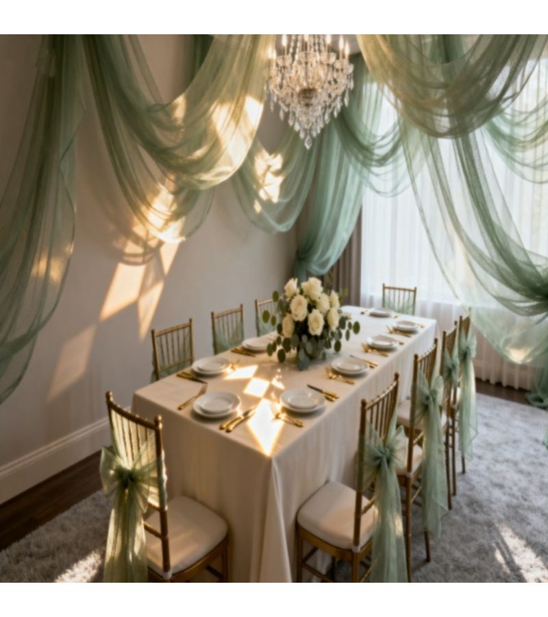 Mint Green Polyester Mesh Fabric Roll 1181.5 Inches Transparent Wedding Party Decor - Image 1