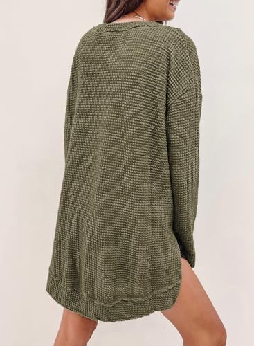 Shein SHEWIN Fall Tops for Women 2025 Crewneck Oversized Sweatshirt Lightweight Waffle Knit Tunic Tops Casual Long Sleeve Shirts for Women,(US 8-10) M,Green - Image 3