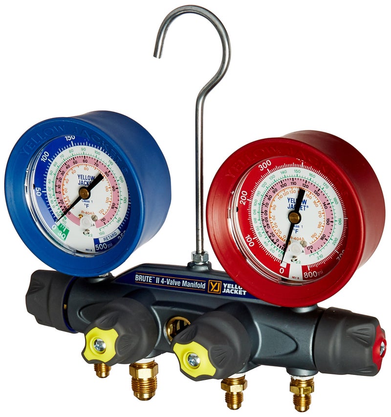 Yellow Jacket 46010 Brute II 4Valve Manifold with RedBlue Gauges barpsi R22404A410A