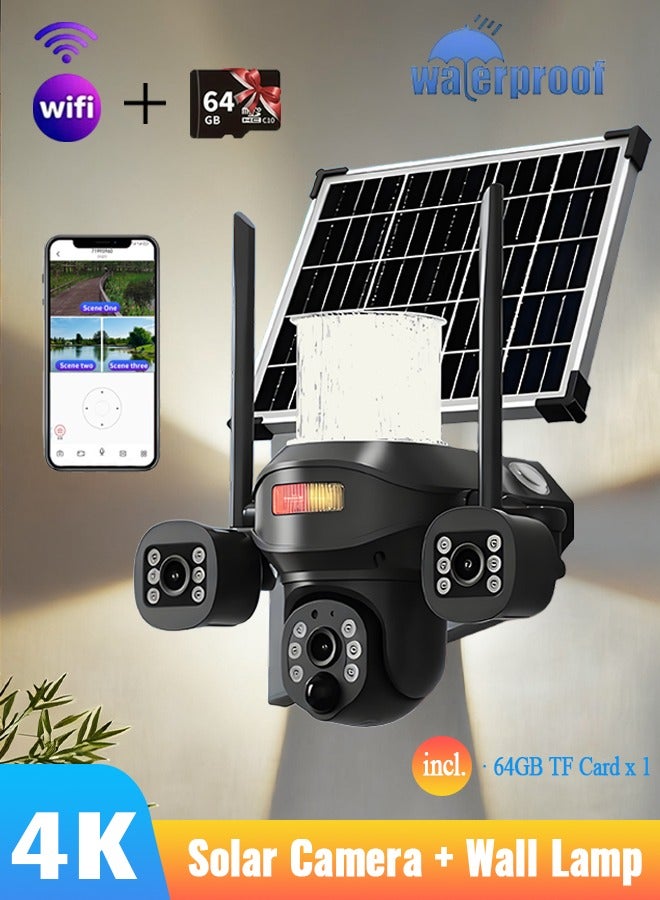 FUREUL Wireless Solar Camera Outdoor + Wall Lamp: 3 Lens Surveillance CCTV Security Camera 4K HD Waterproof IP65 360 Pan Rotation High Precision PIR Cam Surveillance Camera Built in Battery Outdoor Monitoring without Electricity and Internet - Black, WIFI (with 64GB SD Card) - Image 1