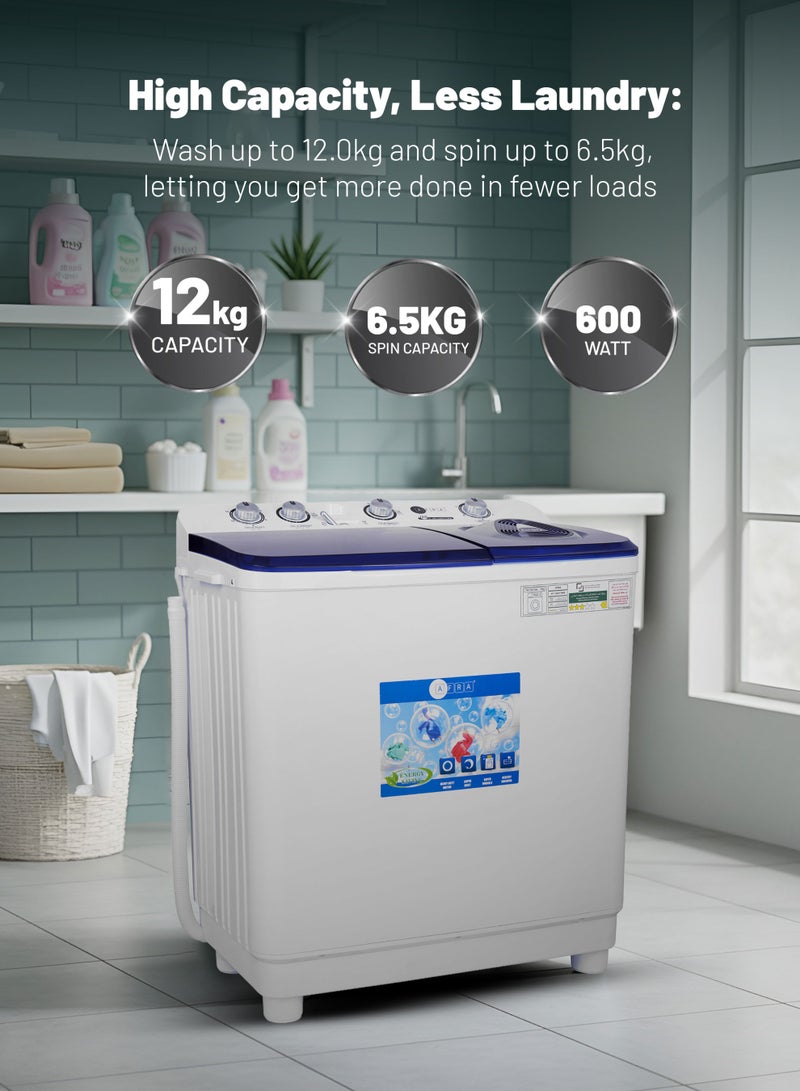 AFRA Twin Tub Washing Machine, 12 kg Wash Capacity, 6.5 kg Spin Capacity, 600W - Image 1