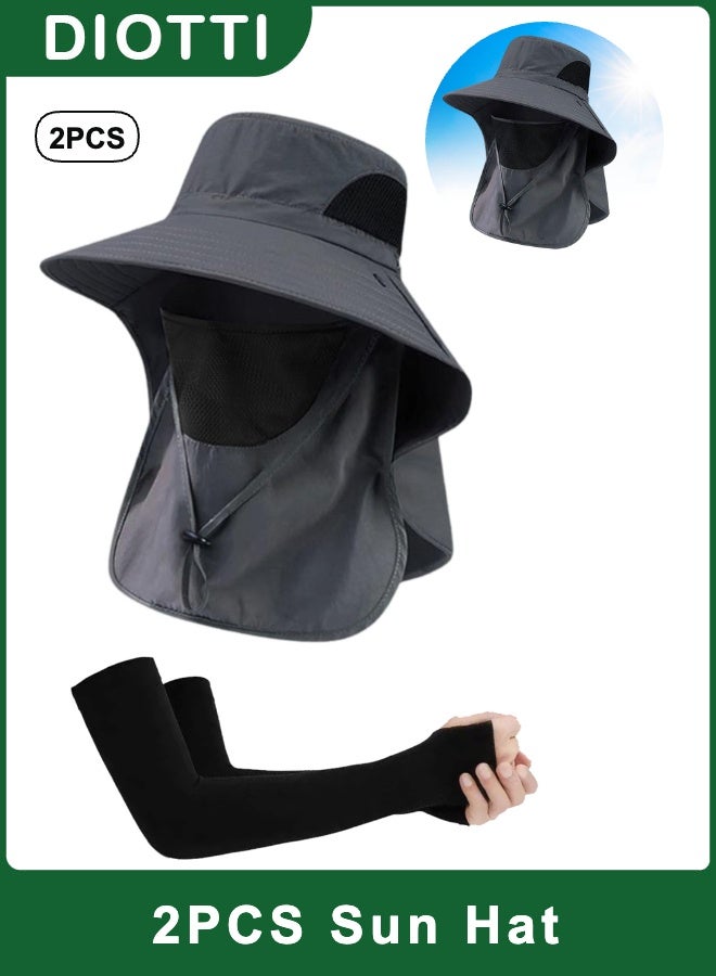 DIOTTI 2PCS Sun Hat with Neck Flap and Detachable Face Cover, Men Women Fishing Hiking Travel Cap, Breathable Quick Dry Wide Brim UV Protection, Foldable Outdoor Hat - Image 1
