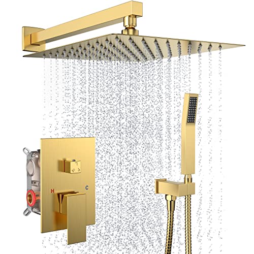 Rain Shower System 12 Inches Shower Head with Handheld Combo Set for BathroomHigh Pressure Rainfall Shower Faucet Set Wall MountedRoughin Valve and Trim KitBrushed Gold