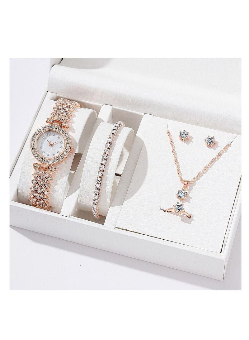 5pcs Rhinestone Watch Set Shiny Quartz Crystal Wrist Watch Luxury Diamond Shining Bling Watches with Stainless Steel Bracelet Gift for Women Girls Birthday  - Image 1