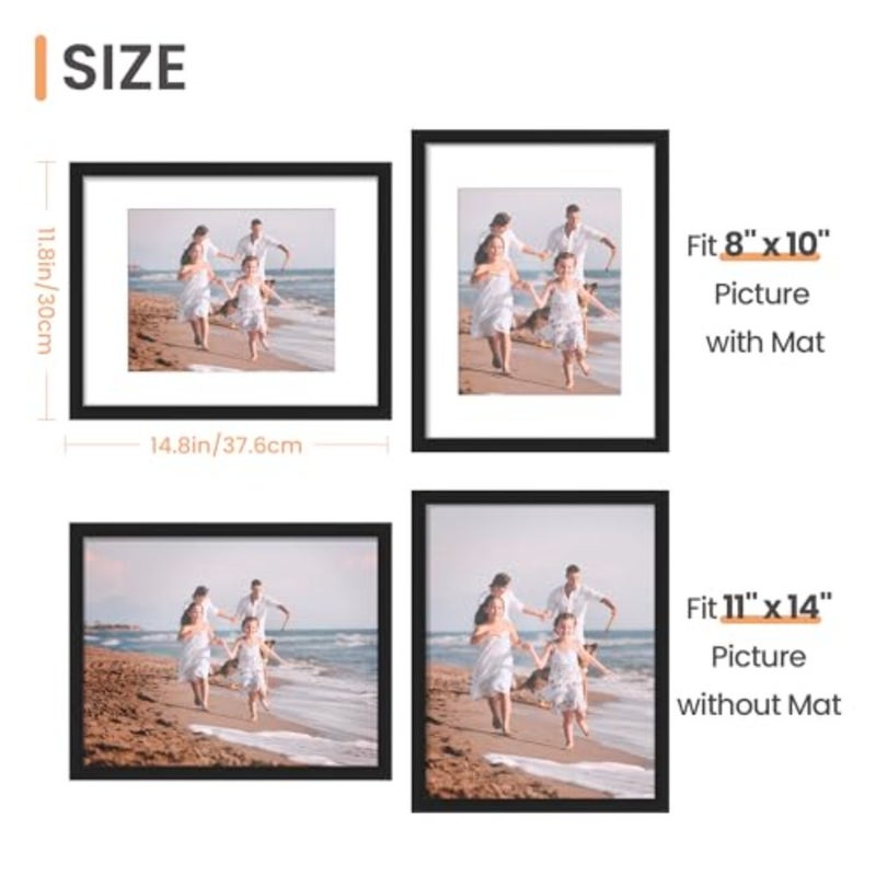 مجموعة إطارات صور مقاس 11x14 بوصة 27.94x35.56 سم مكونة من 5 قطع، صورة عرض 8 بوصة × 10 بوصة مع حصيرة أو 11 بوصة × 14 بوصة بدون حصيرة، إطارات صور معرض الحائط، أسود - Image 3