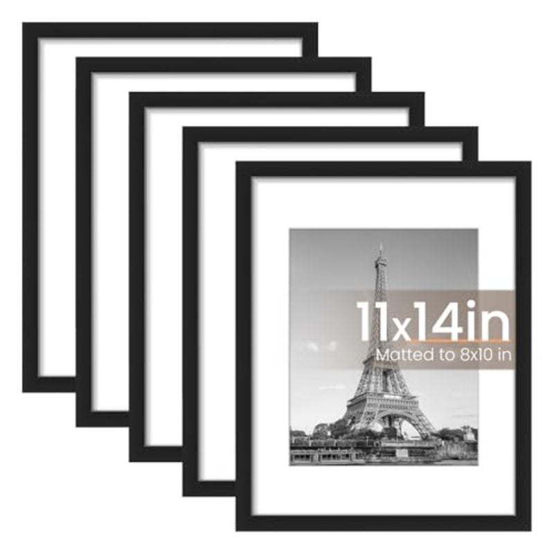 مجموعة إطارات صور مقاس 11x14 بوصة 27.94x35.56 سم مكونة من 5 قطع، صورة عرض 8 بوصة × 10 بوصة مع حصيرة أو 11 بوصة × 14 بوصة بدون حصيرة، إطارات صور معرض الحائط، أسود - Image 1