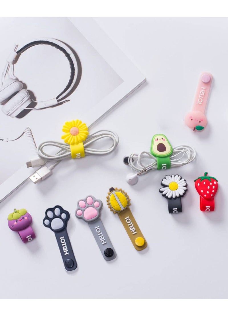 9 Pack Reusable Cable Ties, Cute Cartoon Animal Headphone Wire Ties, Fruit Shape Headphone Cord Winder, USB Cable Manager Keeper Wrap Ties Straps
