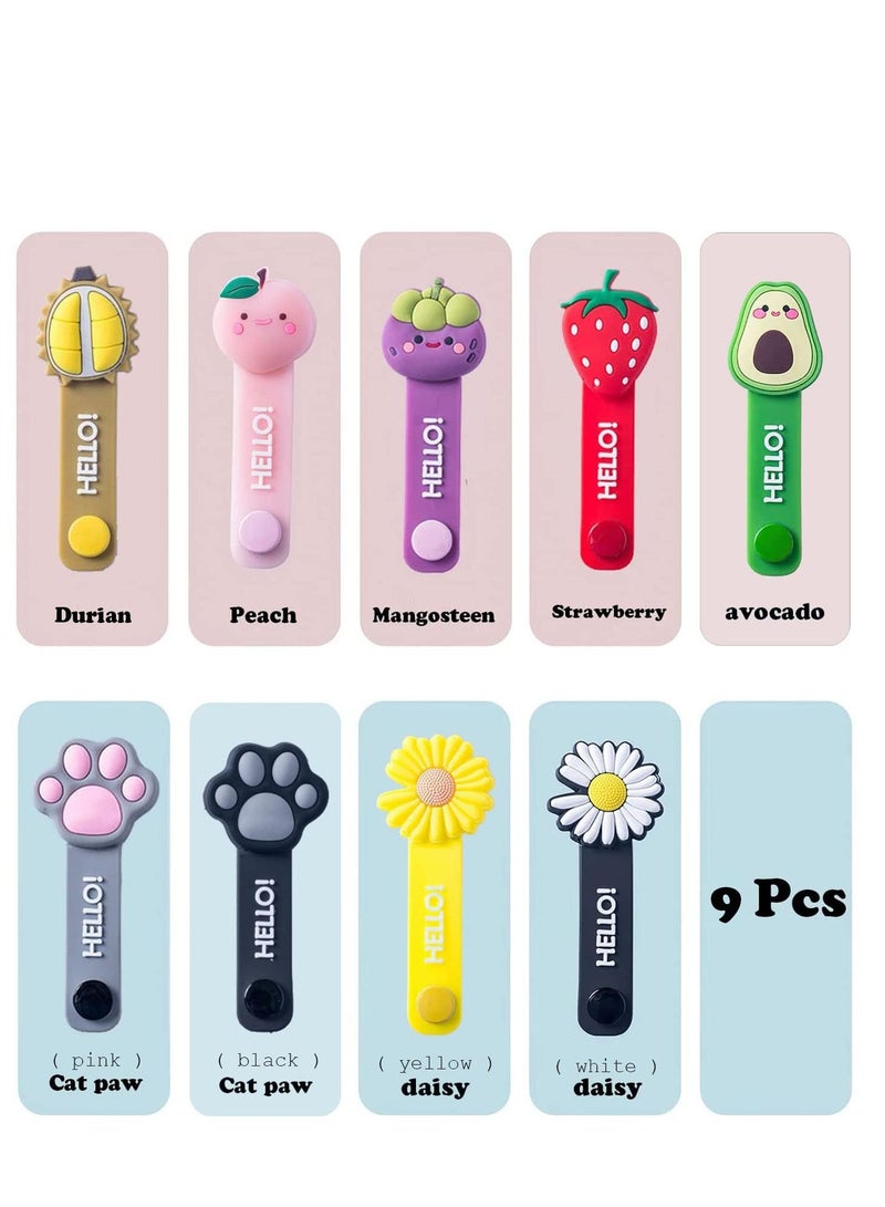 9 Pack Reusable Cable Ties, Cute Cartoon Animal Headphone Wire Ties, Fruit Shape Headphone Cord Winder, USB Cable Manager Keeper Wrap Ties Straps