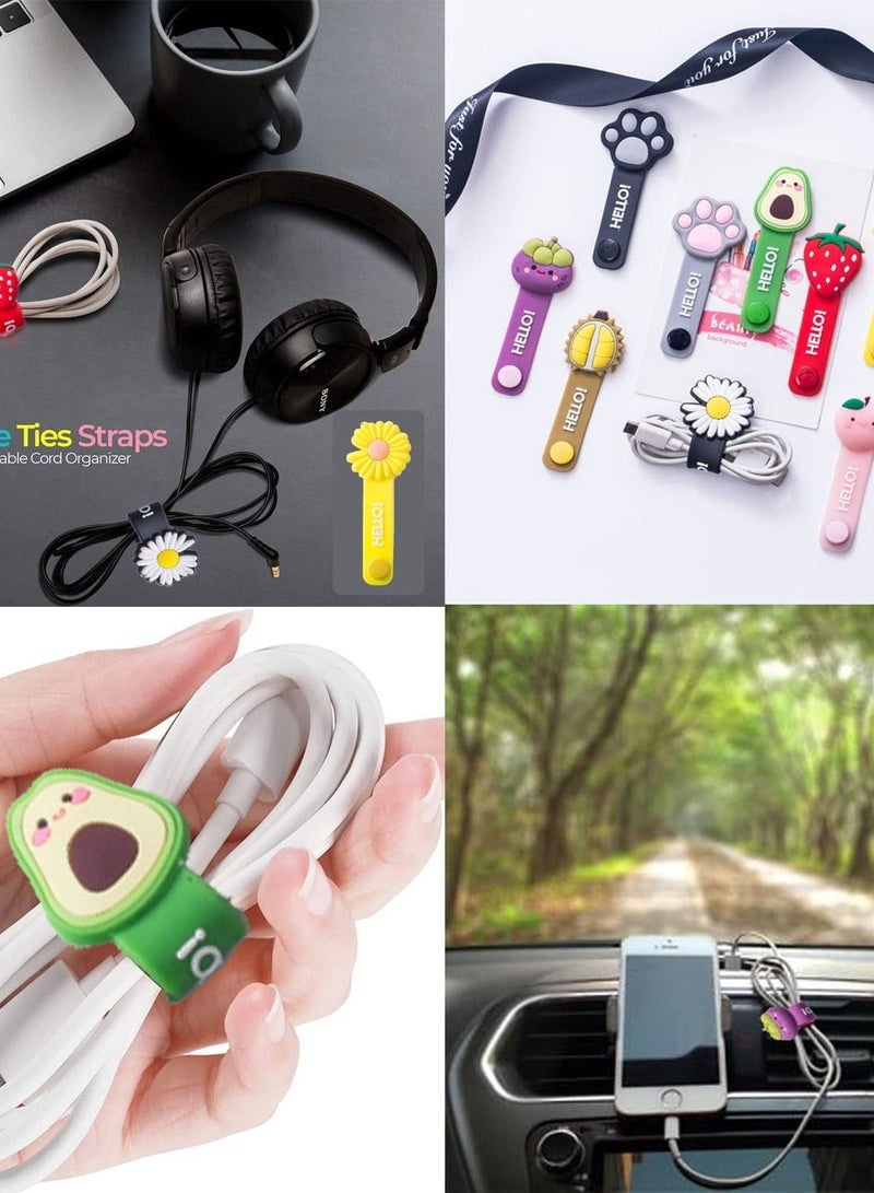 9 Pack Reusable Cable Ties, Cute Cartoon Animal Headphone Wire Ties, Fruit Shape Headphone Cord Winder, USB Cable Manager Keeper Wrap Ties Straps