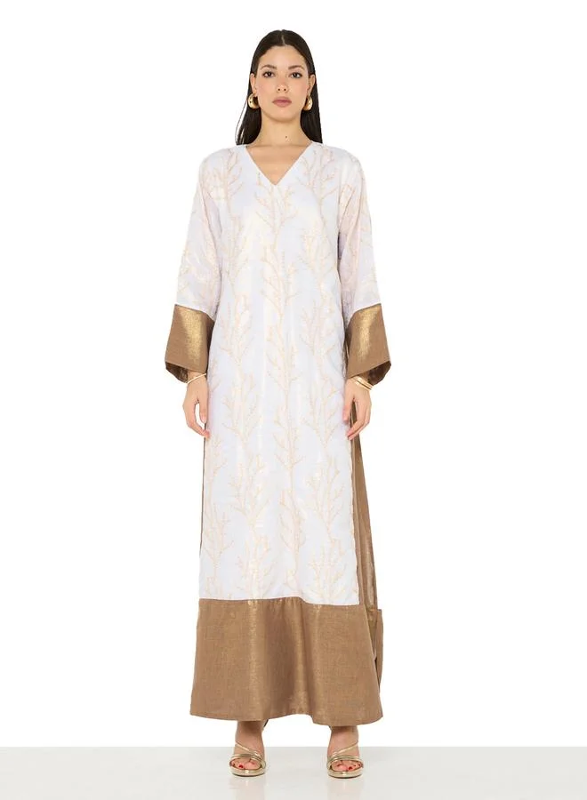 Thouq Beige A-Line Maxi Jalabiya with Golden Embroidery