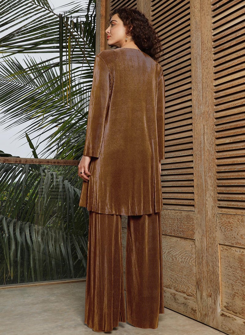 QISSA Qissa Women's Chocolate Brown Solid Pleated Kurta Set For Ethnic Wear | Round Neck , Long Sleeves , Straight Hem | Solid Pleated Fabric | 2 Piece Kurta Set Designed For Casual & Daily Wear - Image 5