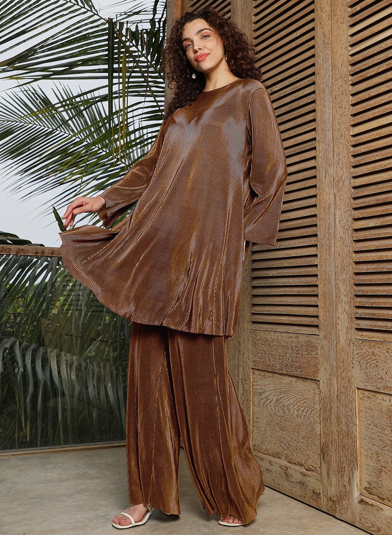 QISSA Qissa Women's Chocolate Brown Solid Pleated Kurta Set For Ethnic Wear | Round Neck , Long Sleeves , Straight Hem | Solid Pleated Fabric | 2 Piece Kurta Set Designed For Casual & Daily Wear - Image 2