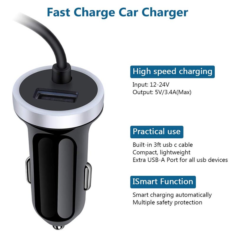 ANDHOT USB C Car Charger, 3.4A Fast Charging Car Adapter+3ft Type C Cable for Samsung Galaxy S25 S24 S23 S22 S21 S20 S10 Note 20 A10E A20 A50 A51 A71,LG Stylo 6/5/4 G7 V60 ThinQ Moto G8 G7 Google Pixel 4 3a - Image 3