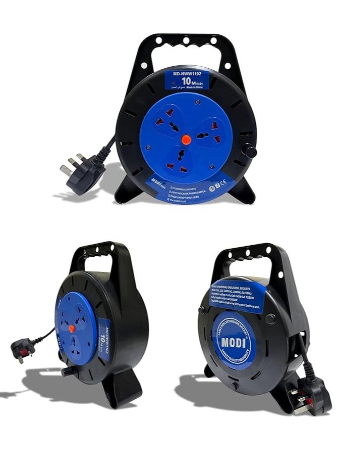 MODI - Retractable 3 Way Extension Cord Reel - 10m | Cable Reel with Power Button for Home, Office | 2000 Watts Power Extension (10M) - Image 1