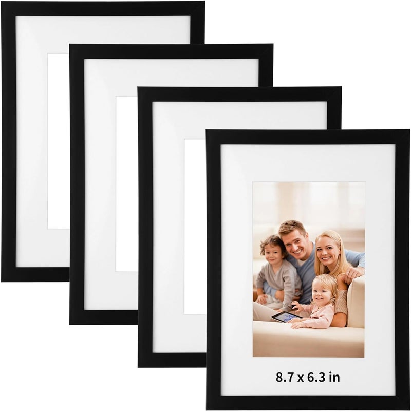 4 قطع إطارات صور سوداء، مقاس 8.7 × 6.3 بوصة للعرض 7.9 × 5.5 بوصة بدون حصيرة أو 5.4 × 3.5 بوصة مع حصيرة، للحائط وطاولة المنزل والمكتب والمعرض، إطار بلاستيكي بجبهة شفافة - Image 1