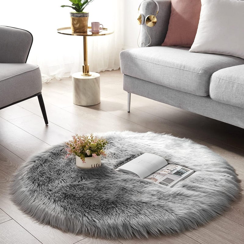 SERISSA Soft Round Faux Sheepskin Fur Rug for Bedroom Grey Circle Fluffy Rugs Circular Shaggy Rug Plush Circle Carpet Play Mats for Kids Girls Room, 5ft Diameter - Image 4
