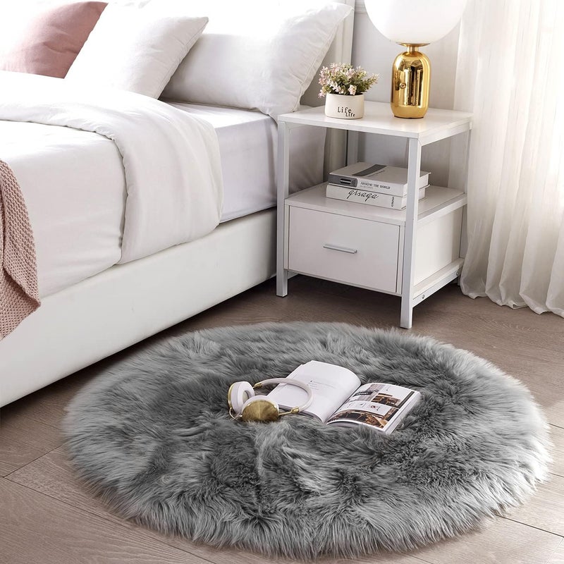 SERISSA Soft Round Faux Sheepskin Fur Rug for Bedroom Grey Circle Fluffy Rugs Circular Shaggy Rug Plush Circle Carpet Play Mats for Kids Girls Room, 5ft Diameter - Image 2