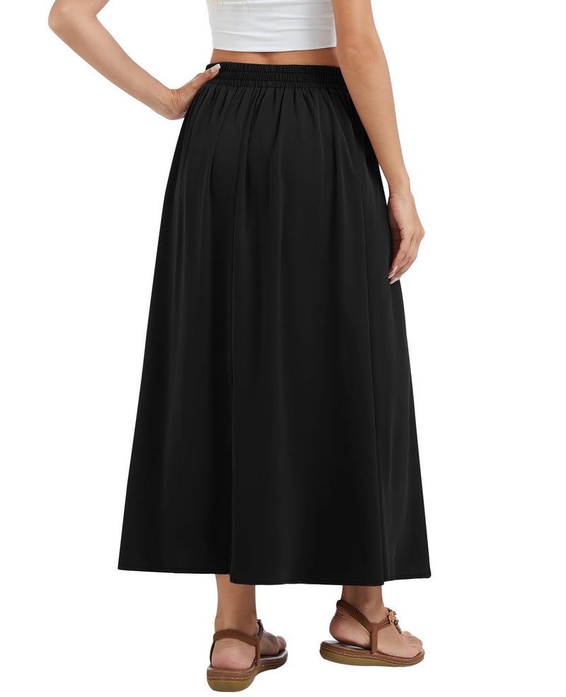 Leafsay Womens Maxi A-line Long Skirt High Waist Casual Elastic Flowy Skirts with Pockets(Black,L) - Image 3