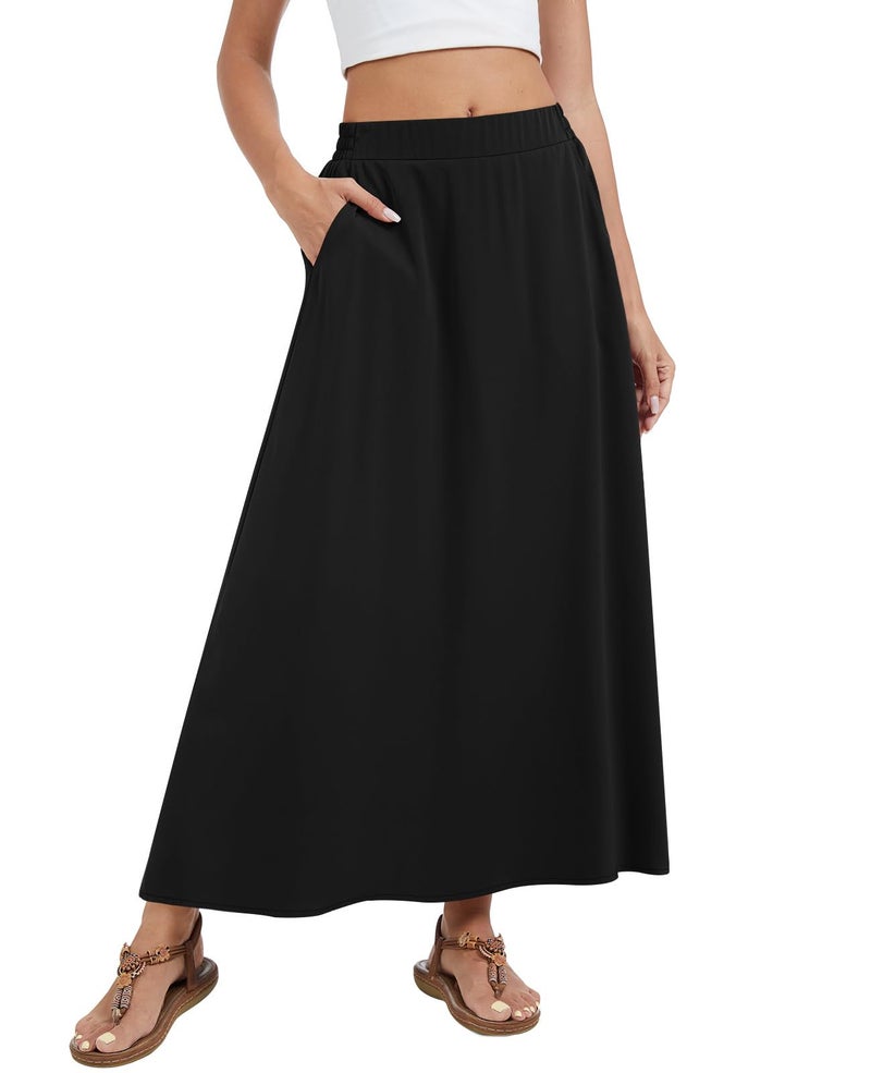 Leafsay Womens Maxi A-line Long Skirt High Waist Casual Elastic Flowy Skirts with Pockets(Black,L) - Image 2