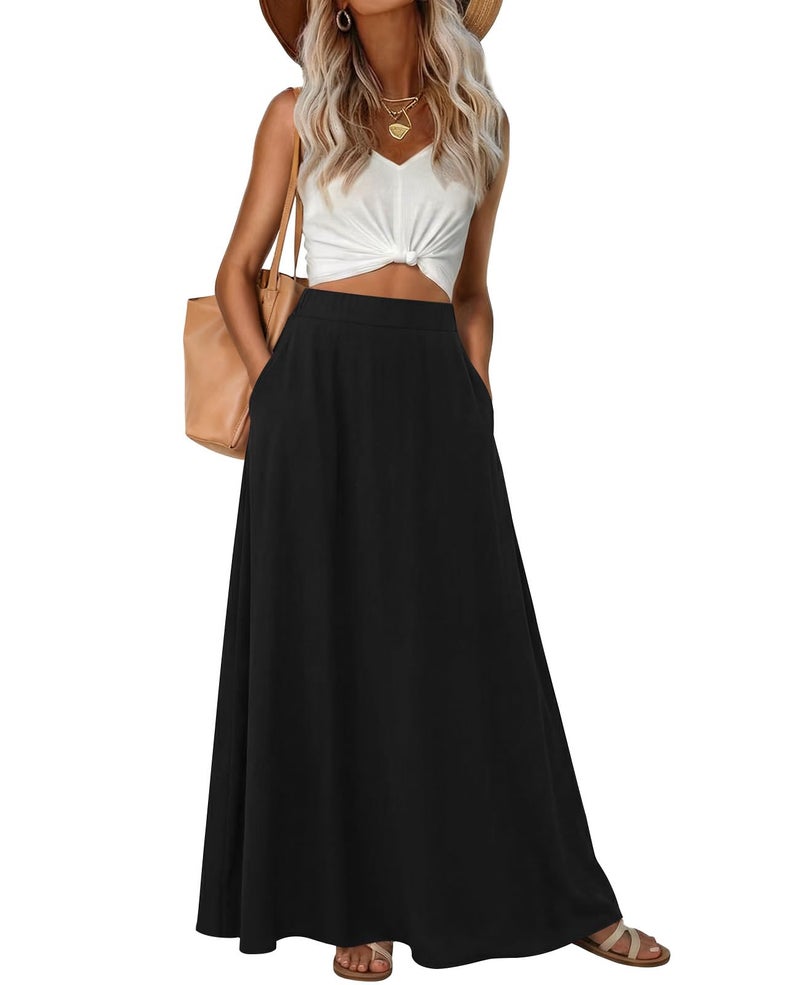 Leafsay Womens Maxi A-line Long Skirt High Waist Casual Elastic Flowy Skirts with Pockets(Black,L) - Image 1