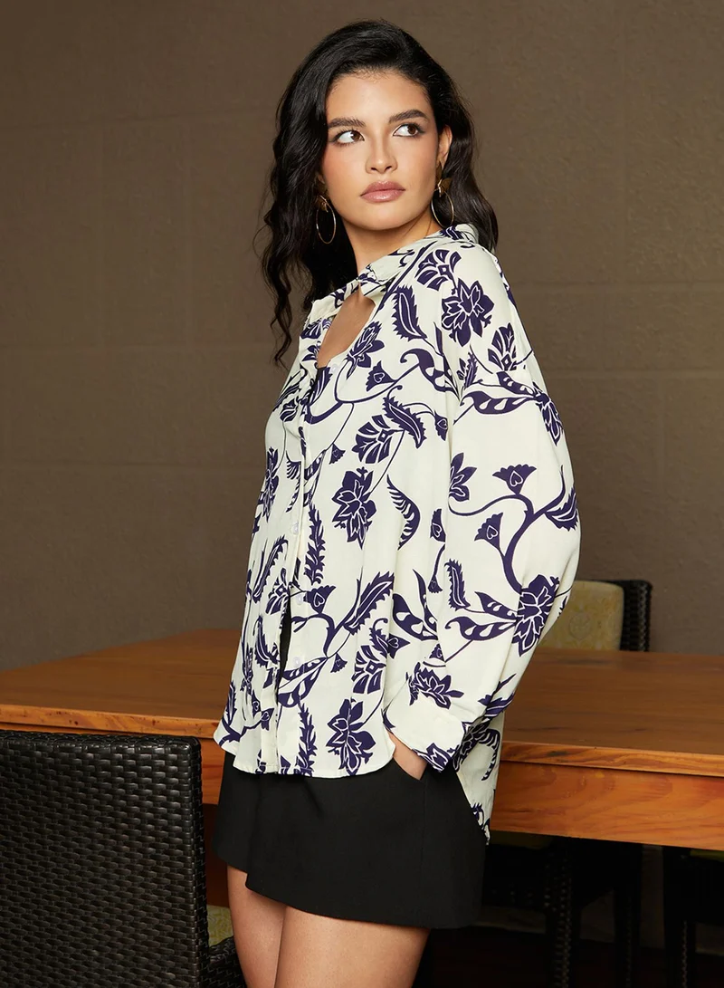 Campus Sutra Women's Midnight Blue & Ivory White Contrast Flower Oversized Shirt