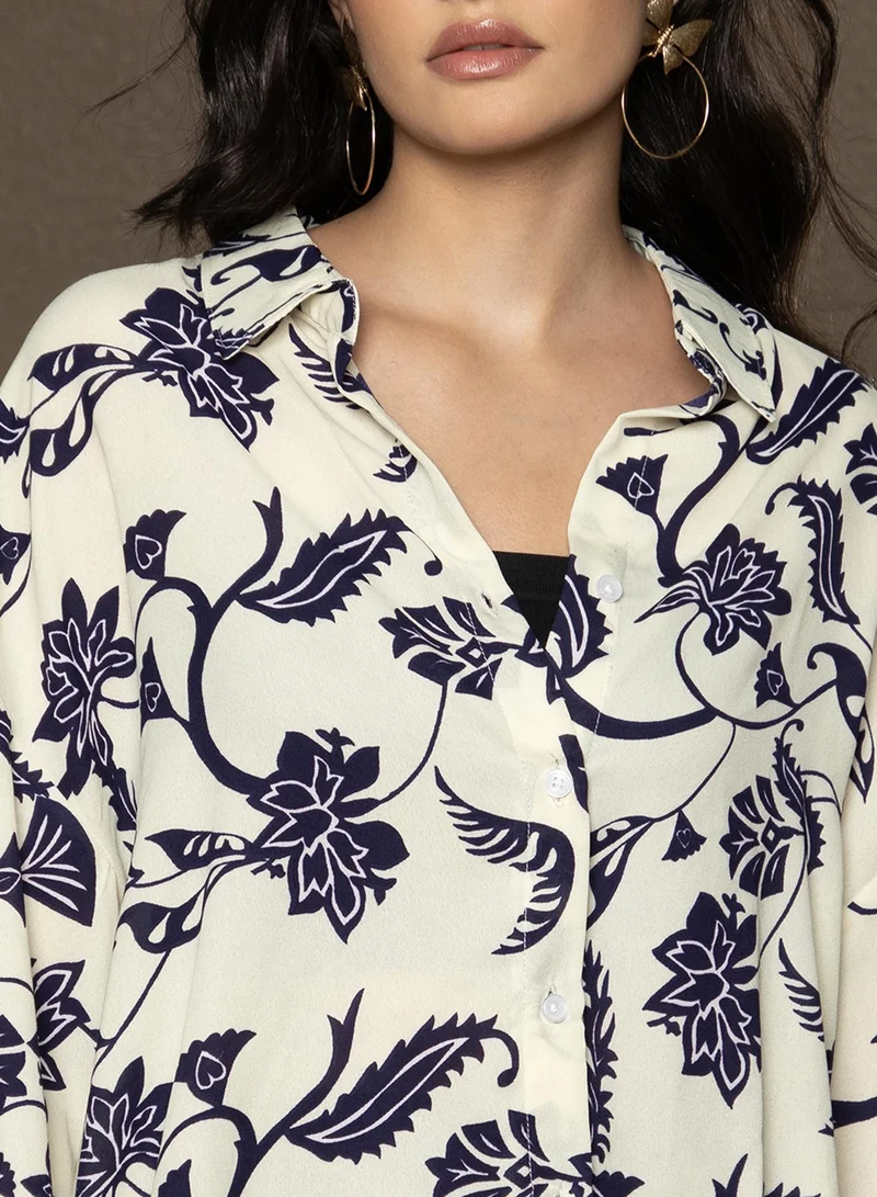 Campus Sutra Women's Midnight Blue & Ivory White Contrast Flower Oversized Shirt