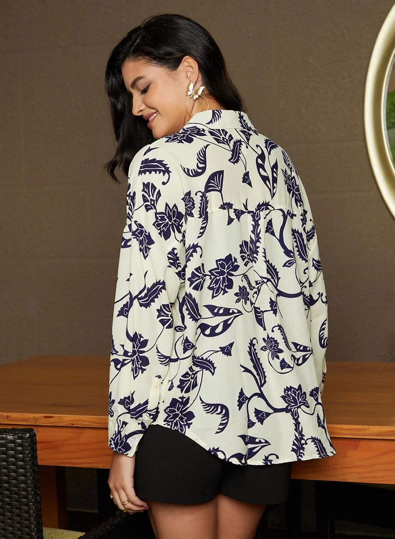 Campus Sutra Women's Midnight Blue & Ivory White Contrast Flower Oversized Shirt