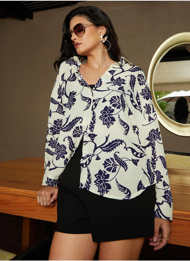 Campus Sutra Women's Midnight Blue & Ivory White Contrast Flower Oversized Shirt