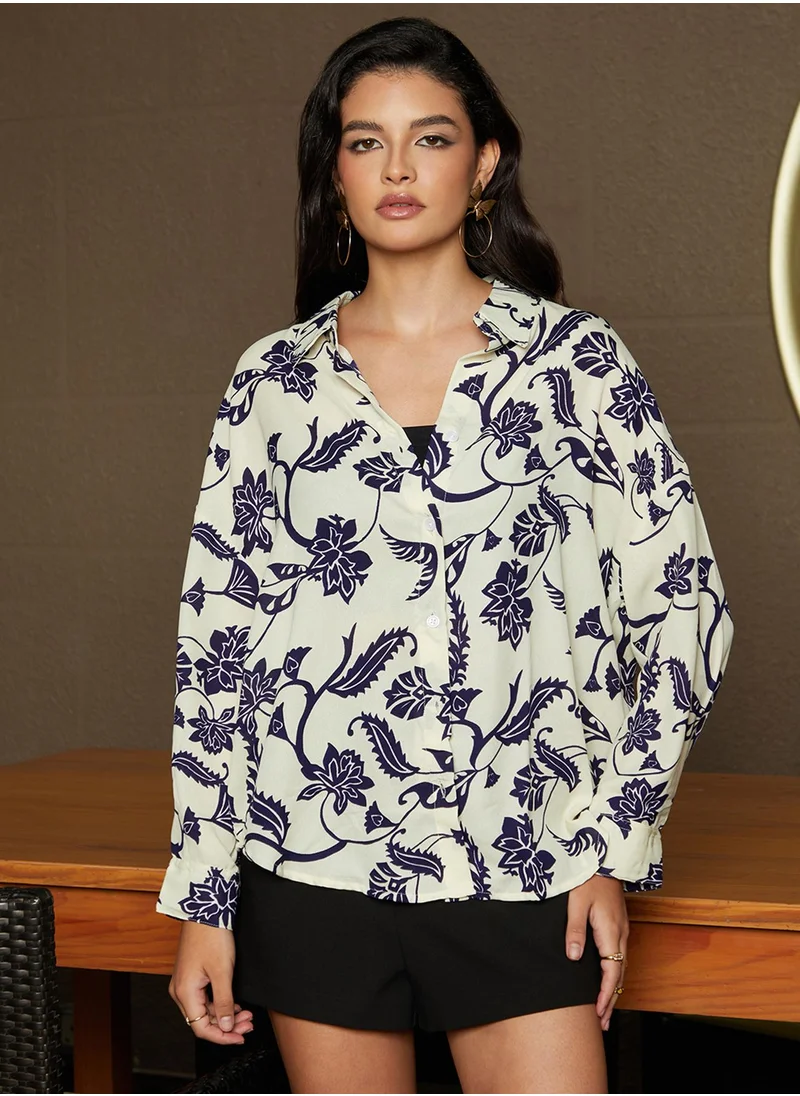 Campus Sutra Women's Midnight Blue & Ivory White Contrast Flower Oversized Shirt