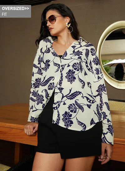 Campus Sutra Campus Sutra Women's Blue & White Contrast Flower Oversized Shirt For Casual Wear | Spread Collar  | Long Sleeves | Button Closure | Oversized Shirt Crafted With Comfort Fit For Everyday Wear