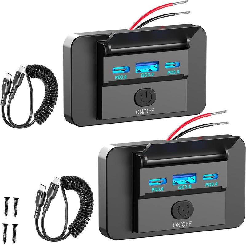 Ouffun 2 Pack 90W 12 Volt USB Outlet Panel Wall Mount Dual 36W PD & QC3.0 18W Car USB Port Charger Socket with Dual 65W USB C Cable for Car Bus RV Truck - Image 1