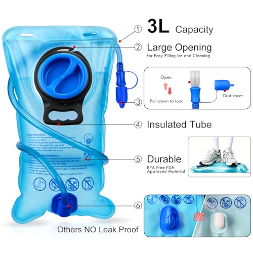 Mothybot Insulated Hydration Backpack Pack with 3L BPA Free Leak Proof Water Bladder, Large Storage Lightweight Hiking Daypack with Waist Pouches & Cooler Layer, for Running, Biking, Camping, Festival - Image 3