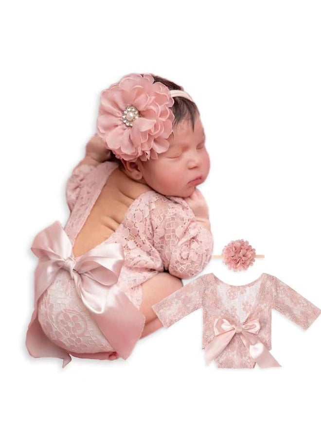 ForBaysy Infant Newborn Photography Props Girl Outfit Lace Romper with Cute Flower Headband Newborn Dress Posing Props  - Image 1