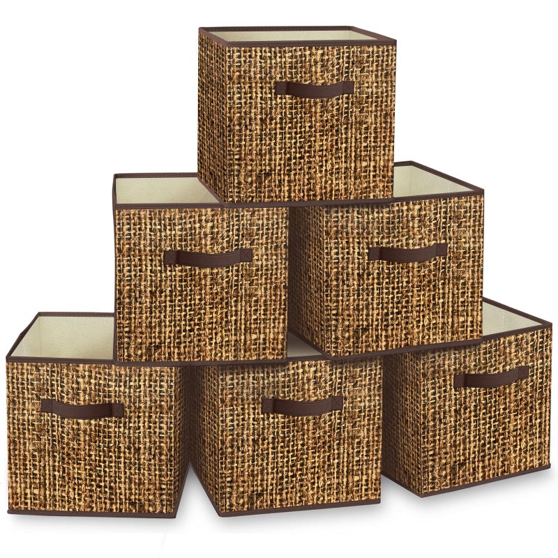 homyfort 12x12 Cube Storage Bins  Fabric Cubby Bins with Dual Handles Collapsible Storage Organizer for Shelf Closet Nursery Printing Rattan Patterns Set of 6