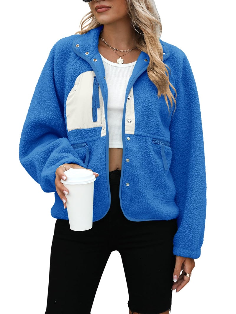 Yanekop Womens Sherpa Cropped Jacket Oversized Button Down Sweater Outerwear Christmas Coat Winter Fluffy Warm Coats(B Royal Blue White,XS) - Image 1