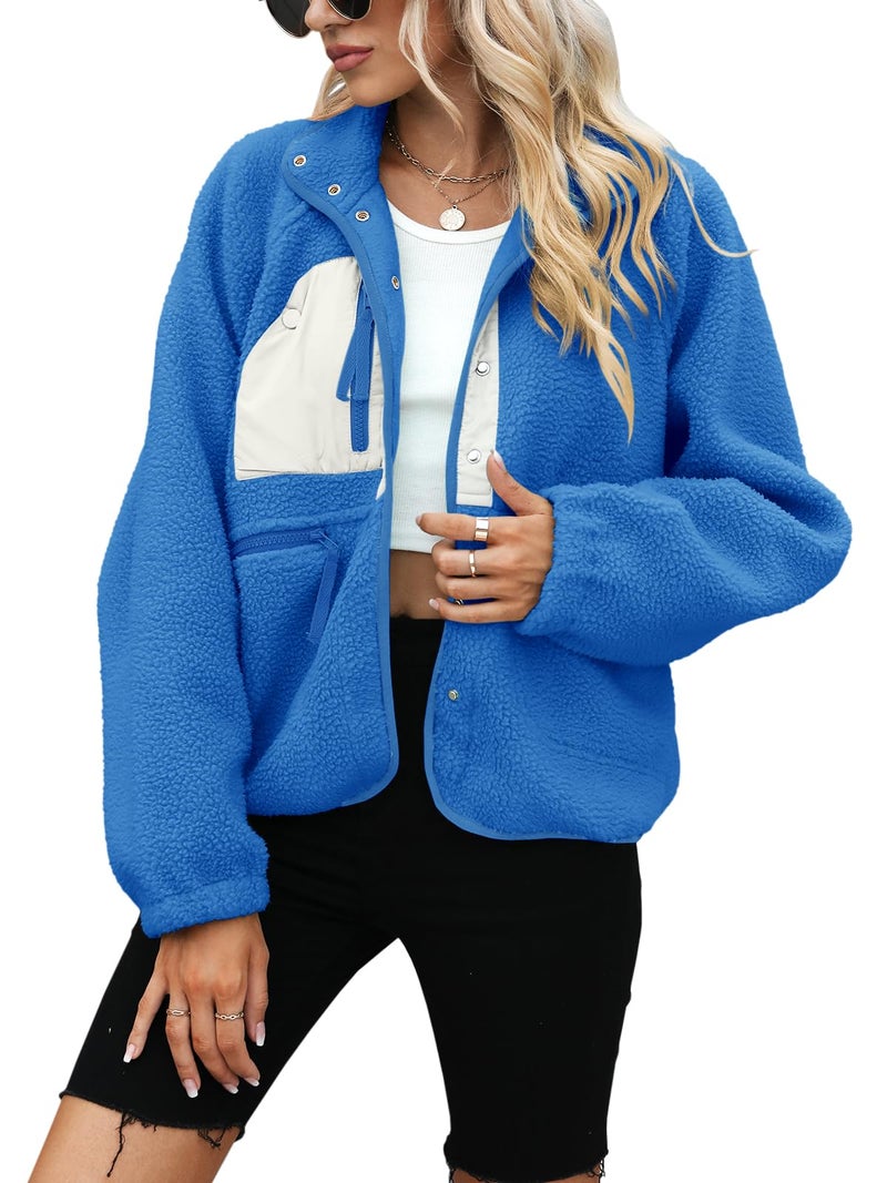 Yanekop Womens Sherpa Cropped Jacket Oversized Button Down Sweater Outerwear Christmas Coat Winter Fluffy Warm Coats(B Royal Blue White,XS) - Image 2