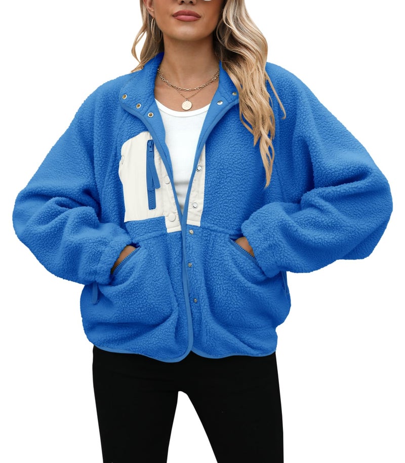 Yanekop Womens Sherpa Cropped Jacket Oversized Button Down Sweater Outerwear Christmas Coat Winter Fluffy Warm Coats(B Royal Blue White,XS) - Image 3