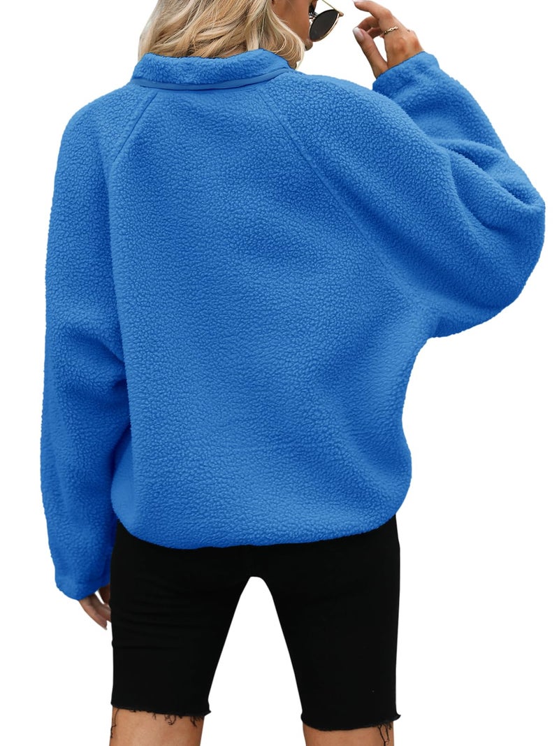 Yanekop Womens Sherpa Cropped Jacket Oversized Button Down Sweater Outerwear Christmas Coat Winter Fluffy Warm Coats(B Royal Blue White,XS) - Image 4