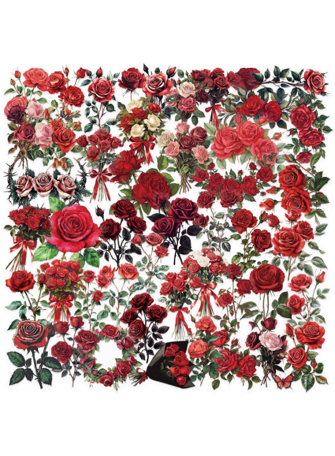 NIBEMINENT 50 Pcs Retro Red Rose Deco Kit Waterproof Stickers, High Definition Printing Bright Colors, Suitable for Laptop Skateboard Luggage Water Bottle Guitar DIY - Image 1