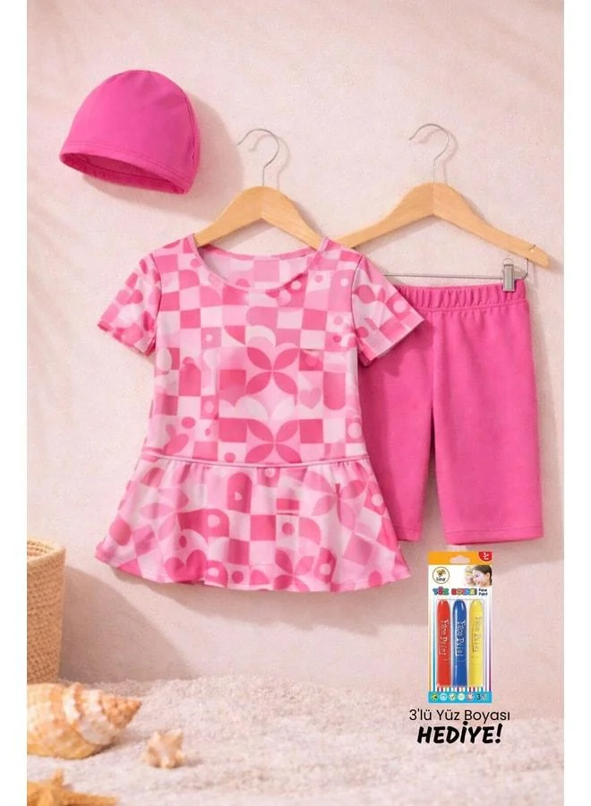 Zuzunga Heart-Patterned Pink Girls' Bow Swimsuit Set.