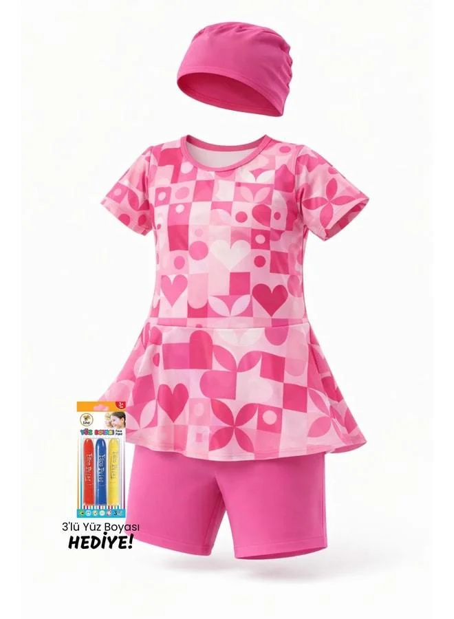 Zuzunga Heart-Patterned Pink Girls' Bow Swimsuit Set.