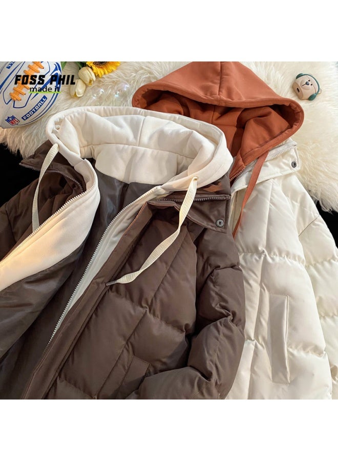 Foss Phil Faux Two-piece Cotton Padded Jacket Uni Winter Plus Size Hooded Casual Fleece-lined Thick Warm Coat 888 Coffee M - Image 2