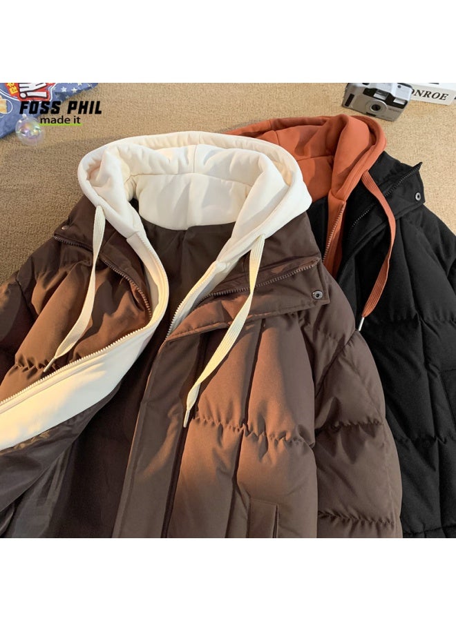 Foss Phil Faux Two-piece Cotton Padded Jacket Uni Winter Plus Size Hooded Casual Fleece-lined Thick Warm Coat 888 Coffee M - Image 5