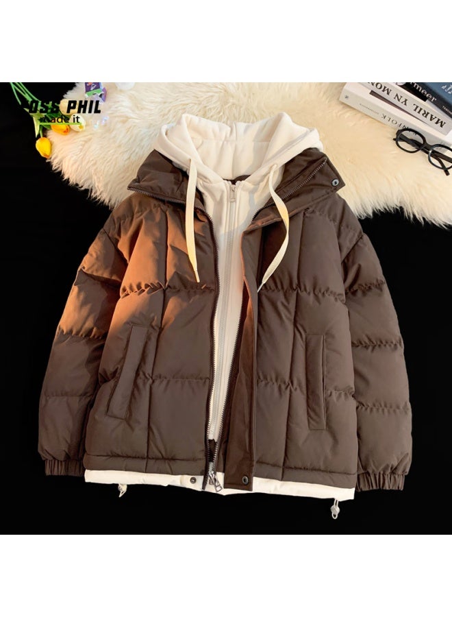 Foss Phil Faux Two-piece Cotton Padded Jacket Uni Winter Plus Size Hooded Casual Fleece-lined Thick Warm Coat 888 Coffee M - Image 4