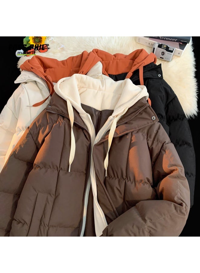 Foss Phil Faux Two-piece Cotton Padded Jacket Uni Winter Plus Size Hooded Casual Fleece-lined Thick Warm Coat 888 Coffee M - Image 3