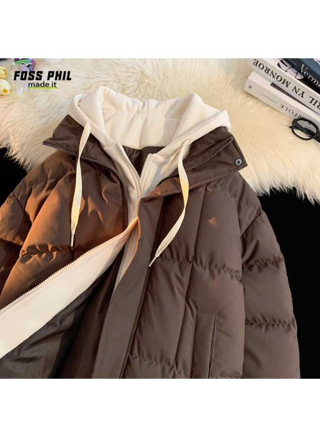 Foss Phil Faux Two-piece Cotton Padded Jacket Uni Winter Plus Size Hooded Casual Fleece-lined Thick Warm Coat 888 Coffee M - Image 1