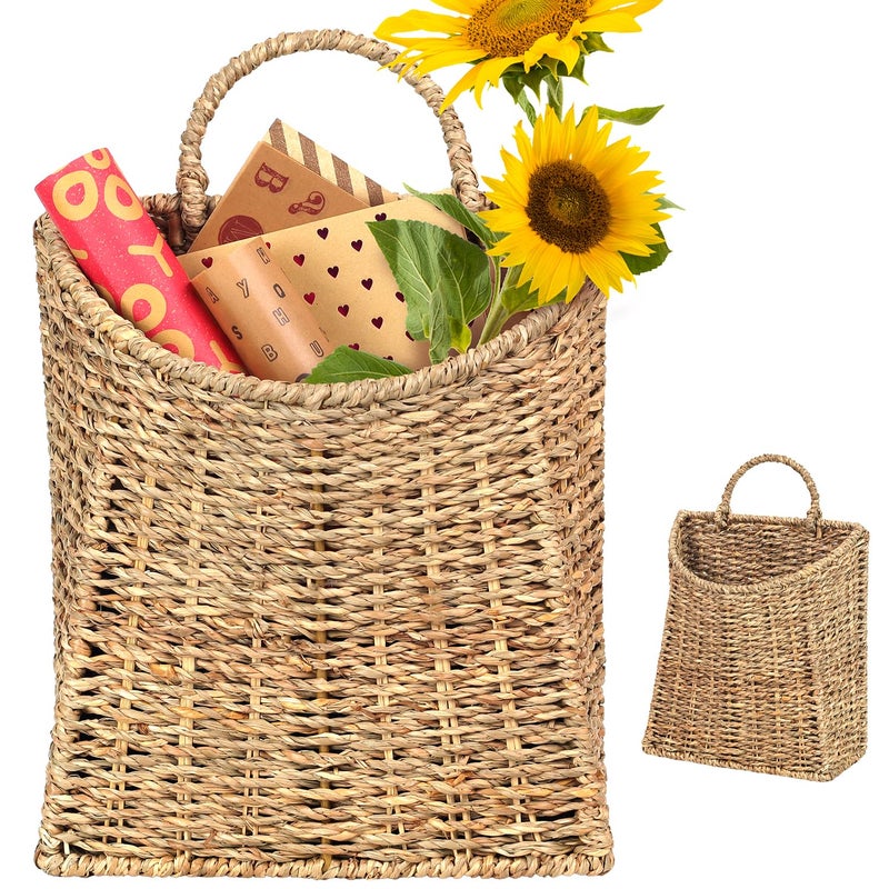 SIEUSALEVN Woven Hanging Seagrass Baskets, Hanging Wall Wicker Basket, Handmade Organizer Baskets, Hanging Flower Basket for Shelves, Walls, Doors, Balconies, Front of House, Garden,...(Seagrass) - Image 1