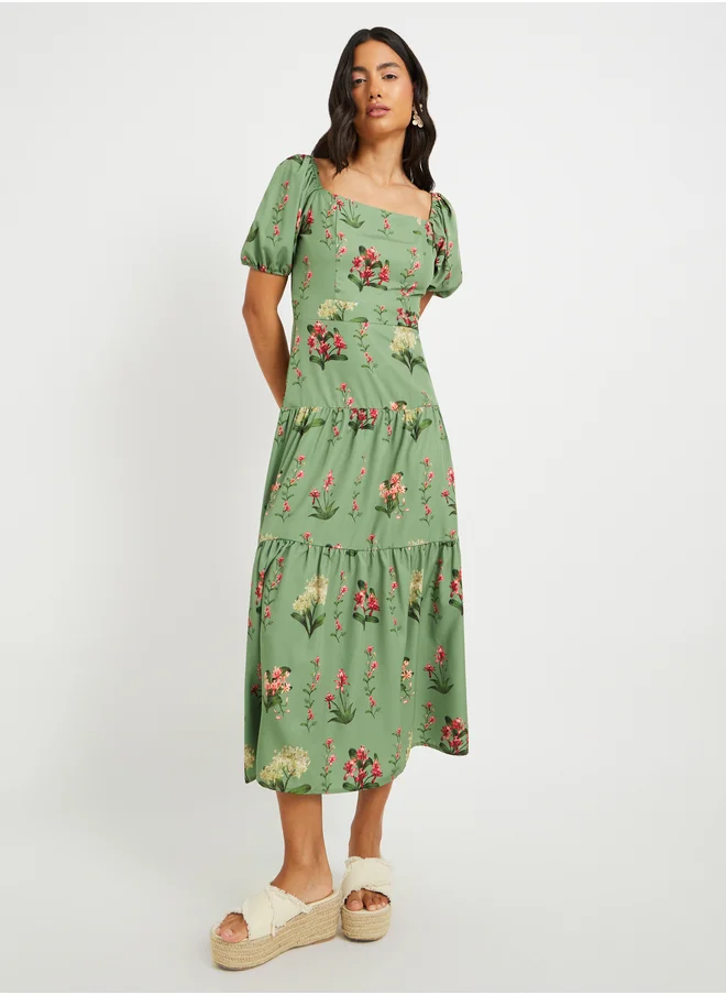 تايك تو Take Two Women Green All-Over Floral Print Puff Sleeves Tiered Midi Dress