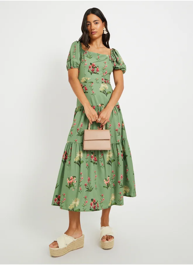 تايك تو Take Two Women Green All-Over Floral Print Puff Sleeves Tiered Midi Dress