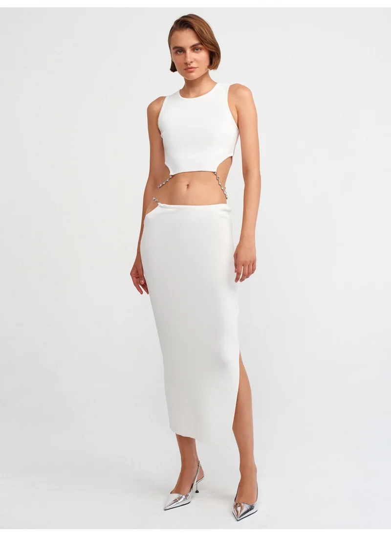 ديلفين 80110 Low Waist Stoned Knitwear Skirt-Ecru